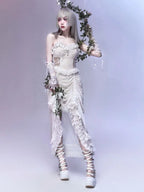 White Gothic Rope Lace Flying Sleeve Stiletto Strap Asymmetric Light Lolita Summer Party Evening Dress