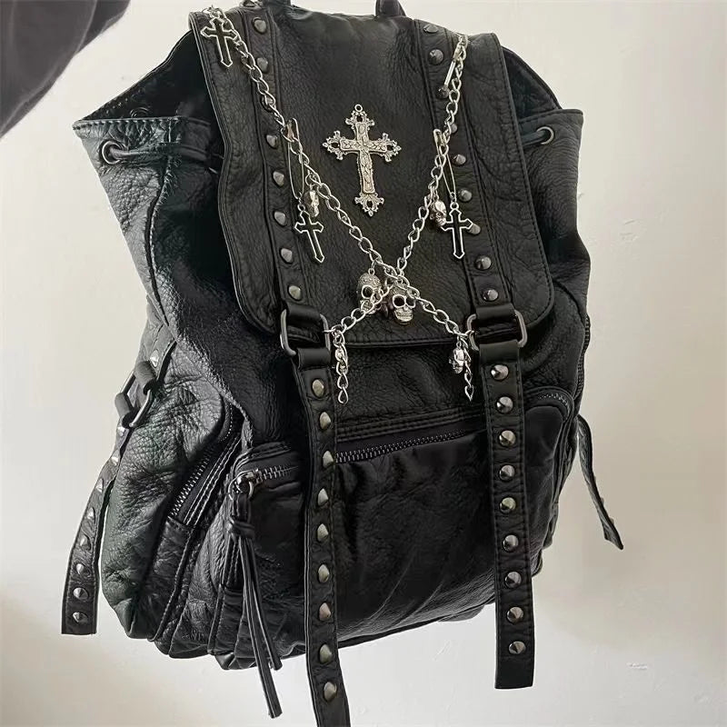 Y2K Girls Soft Leather Punk Skull Cross Chain Korean Style Gothic Backpack Bag