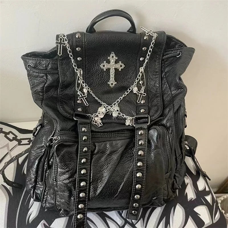 Y2K Girls Soft Leather Punk Skull Cross Chain Korean Style Gothic Backpack Bag Secondary image