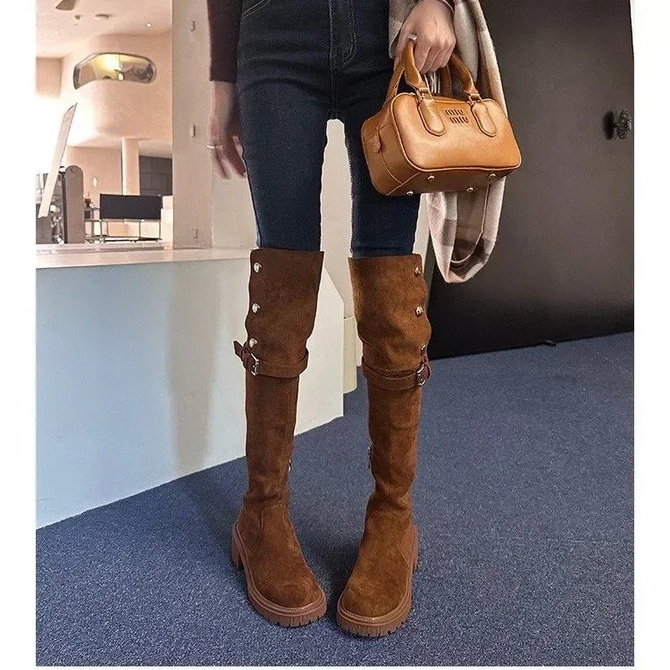 Over The Cowboy Designer Platform Fashion Fur Suede Wedges Knee High Boots