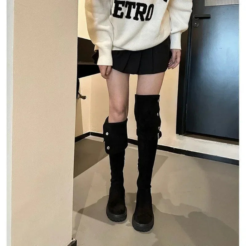 Over The Cowboy Designer Platform Fashion Fur Suede Wedges Knee High Boots Secondary image
