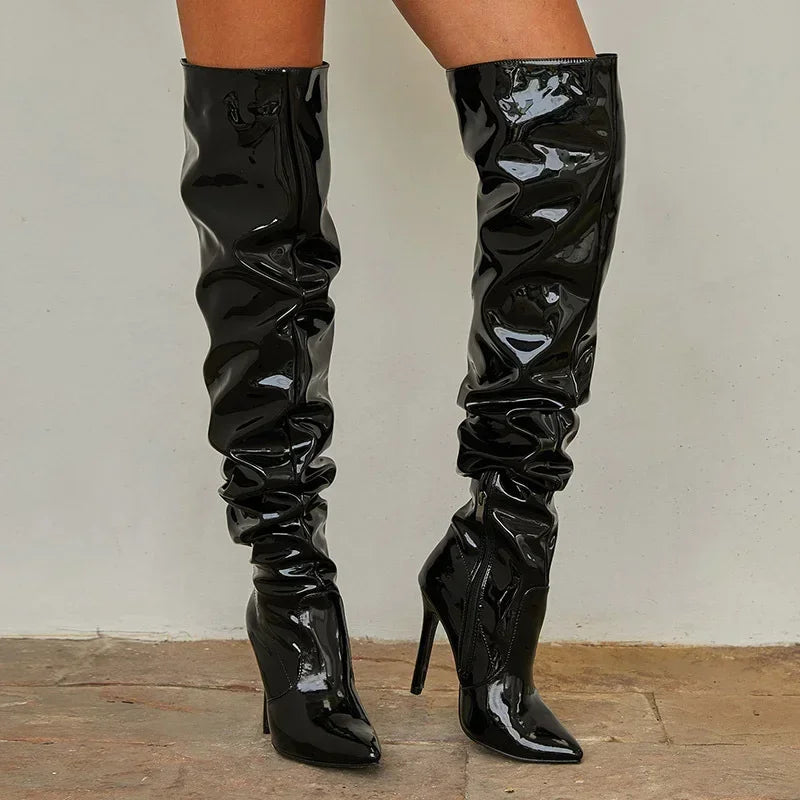 Women Fashion Pointed Toe Black Side Zipper Thin Heels Shiny Pleated Knee High Boots Main image