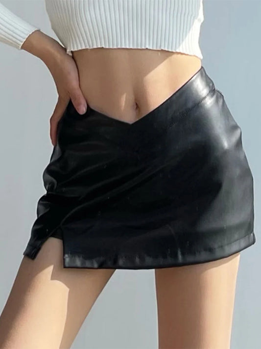DressBetty - PU Leather Black Split Slim High Waisted A-line Mini Skirt