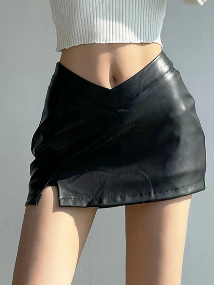 DressBetty - PU Leather Black Split Slim High Waisted A-line Mini Skirt