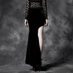 Gothic Style  Split Black Asymmetric Cheongsam Velvet Embroidery Long Maxi Skirt