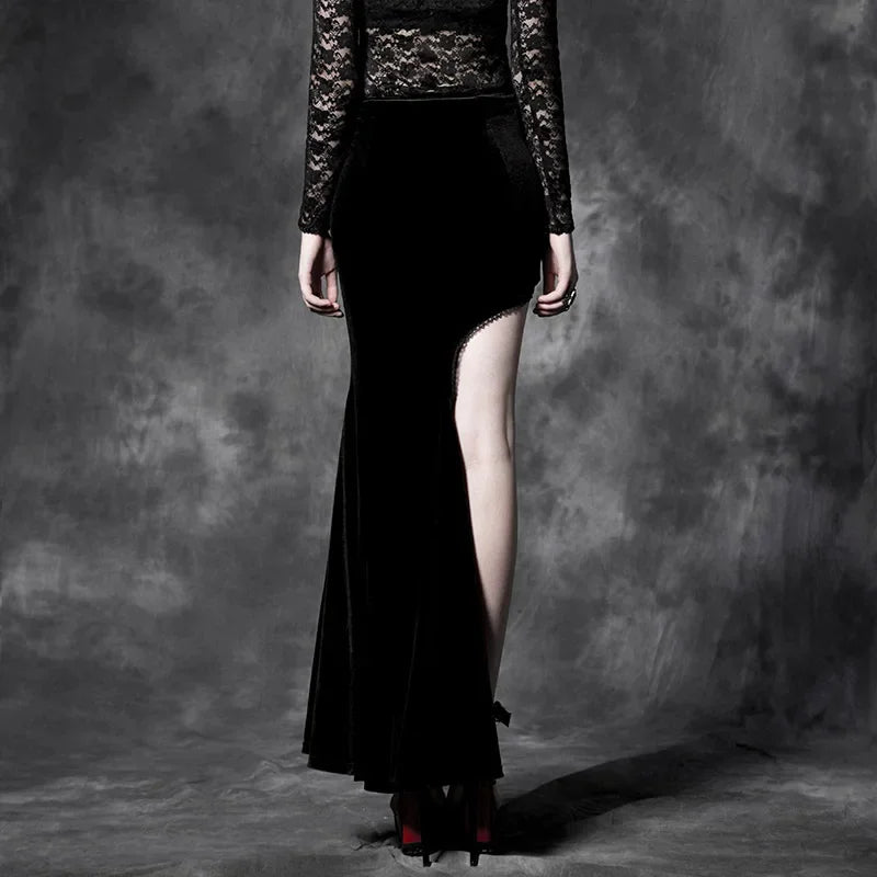 Gothic Style Sexy Split Black Asymmetric Cheongsam Velvet Embroidery Long Maxi Skirt