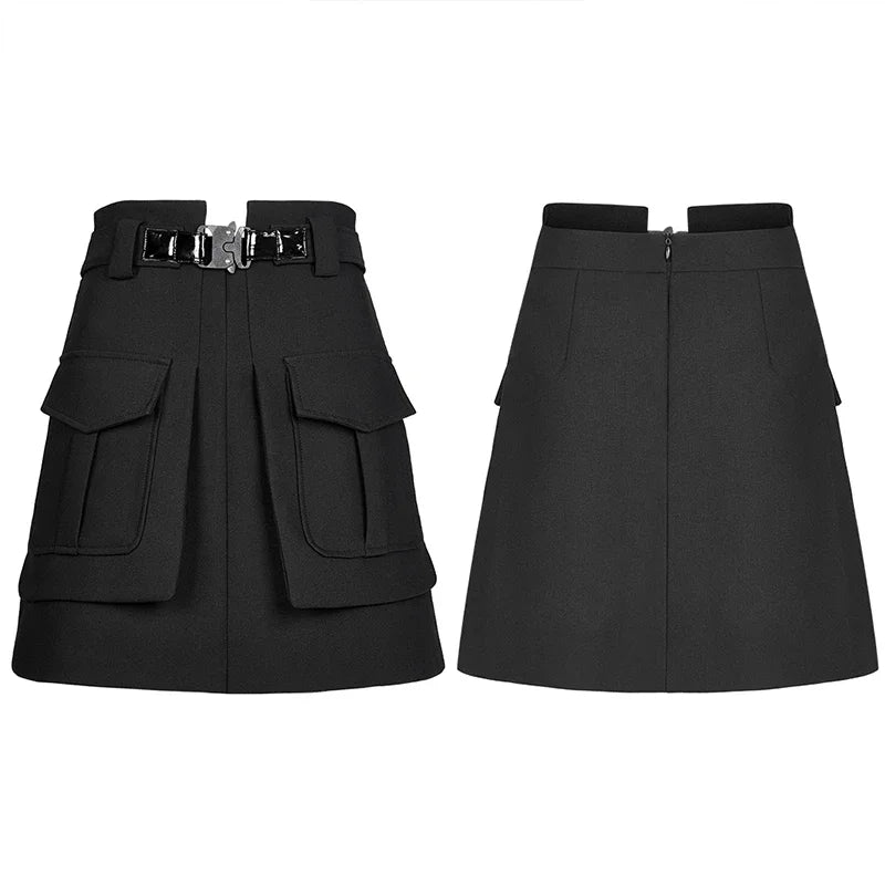 Women's Collect Waist A Line Black Half Personality Casual Women Mini Functional Buckle Decoration Skirt Secondary image