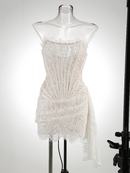 DressBetty - 2024 Fashion Solid Pleated Fishbone Evening Dress Birthday Lace Dress