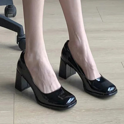 Patent Leather Elegant Office Black Highs Women Shal Mouth Square Toe Shoes Low Heel Pumps