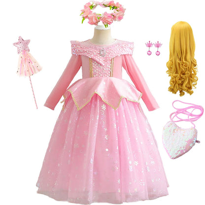 Pink Sleeping Beauty Aurora Cosplay Spring Autumn Birthday Party Elegant Princess Kid Costume