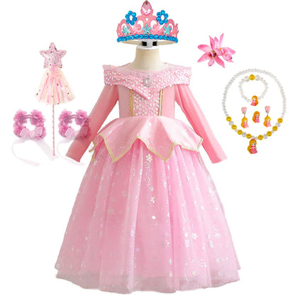 Pink Sleeping Beauty Aurora Cosplay Spring Autumn Birthday Party Elegant Princess Kid Costume