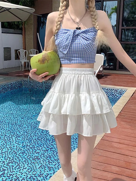 DressBetty - Pleated A-line White Ruffles Sweet Elastic Waist Summer Skirt