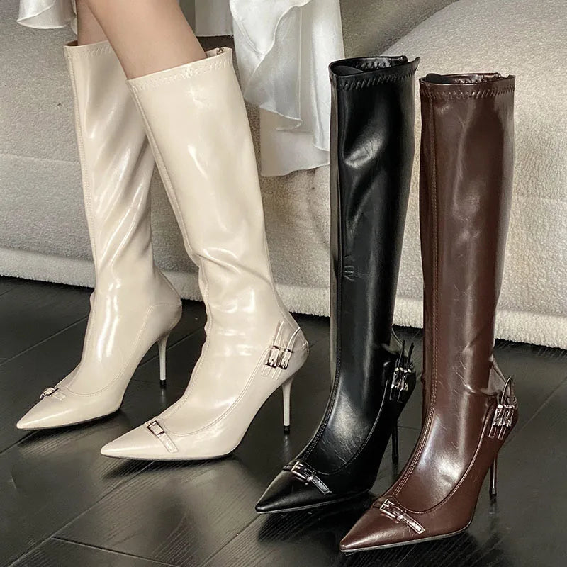 Unique Chic Stylish Pointed Toe Buckle Design Knee High Boots Main image