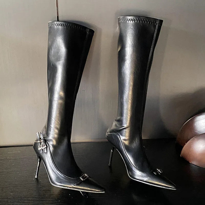 Unique Chic Stylish Pointed Toe Buckle Design Knee High Boots Secondary image