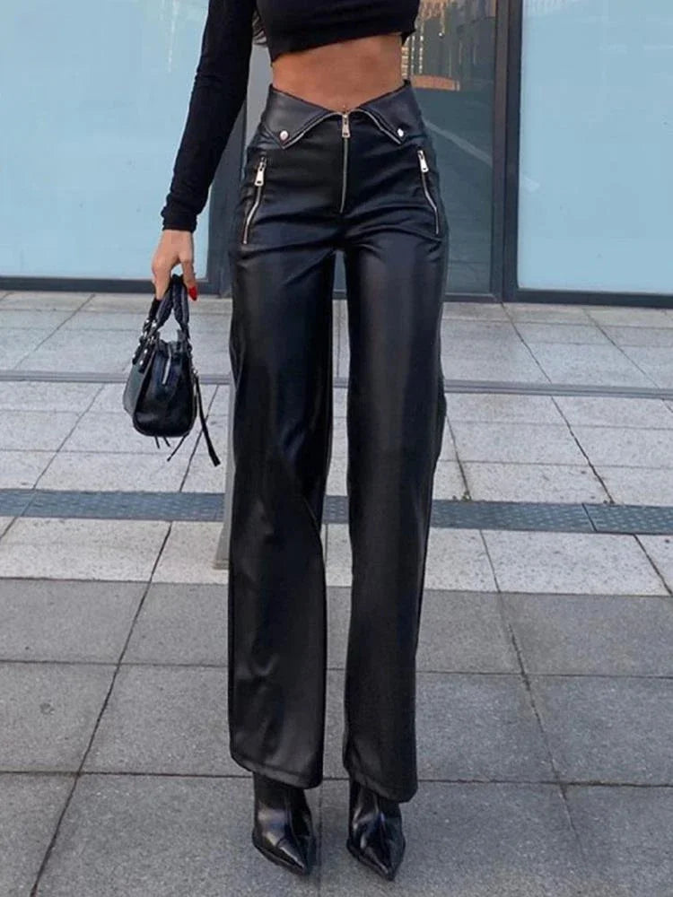 PU Leather Zipper Soft Straight Leg Y2K High Waist Casual Elegant Pants Main image