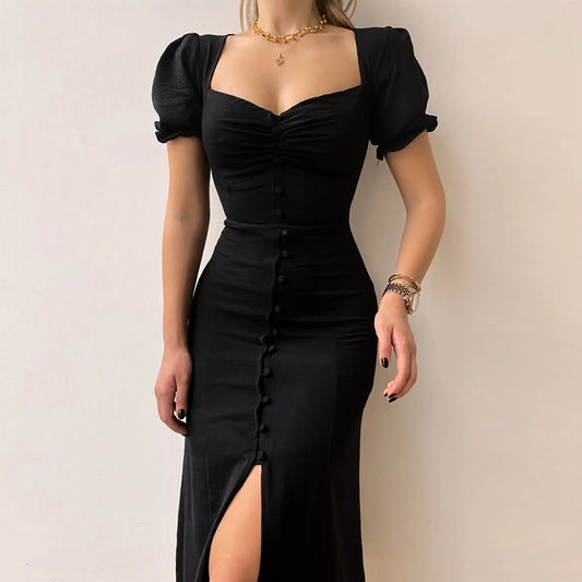 Elegant Slim Black A-Line Puff Sleeve Office Party Waist Knee Length Dress