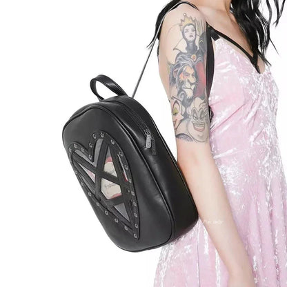 Punk Rock Black PU Leather Hollow Out Pentacle Heart Gothic Cosplay Bag