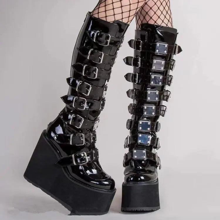 Punk Cosplay Comfort Long Tube Leather Black Platform Wedges Knee High Boots Main image