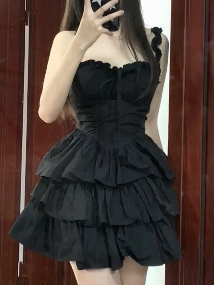 Hrajuku Goth Lolita Kawaii Cute Black Ruffles Soft Girl Y2K Coquette 2024 Fashion Cake Party Short Dress Secondary image