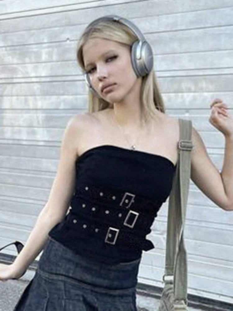 Y2K Bandage Buckle Corset Black Punk Grunge Gothic Retro Streetwear Crop Top