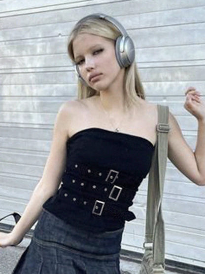 Y2K Bandage Buckle Corset Black Punk Grunge Gothic Retro Streetwear Crop Top