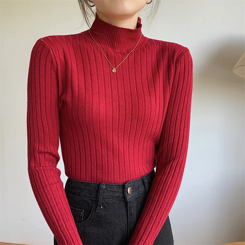 Red Casual Bottoming Spring Basic Stand Long Knitted Sweater Main image