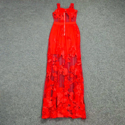 Red Lace Backless Christmas Party Dress