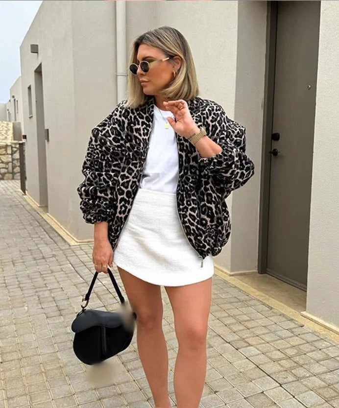 Retro Leopard Print Cotton Autumn Chic O-neck Long Sleeve Zipper Warm Coat Main image