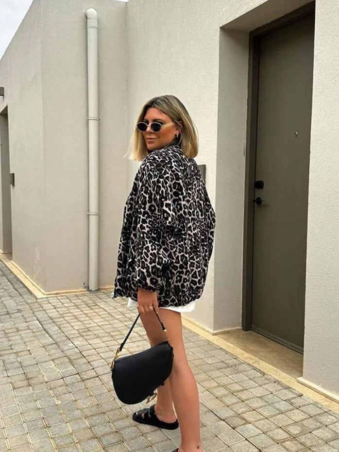 Retro Leopard Print Cotton Autumn Chic O-neck Long Sleeve Zipper Warm Coat Secondary image