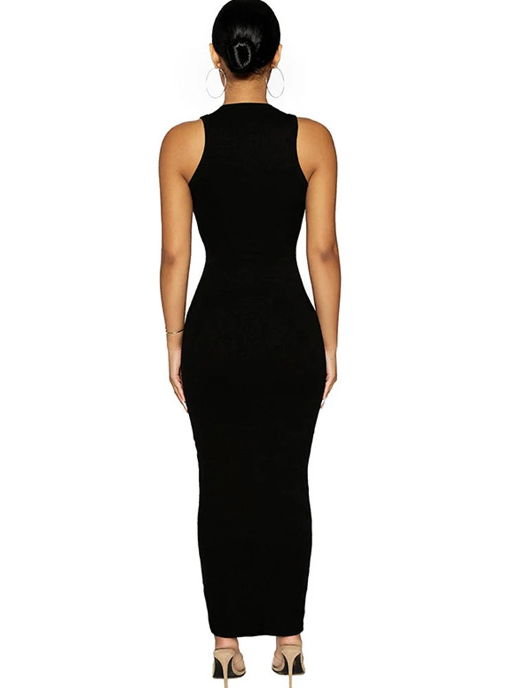 Ribbed Knitted Black Bodycon Long Round Midi Dresses