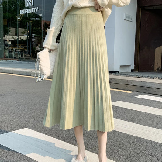DressBetty - New Knitted Solid Color Pleated Long Skirt
