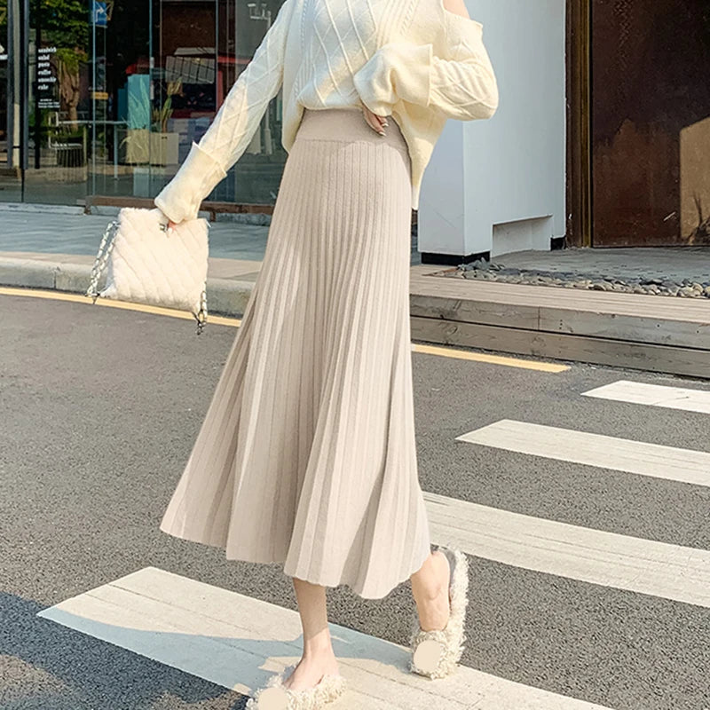 DressBetty - New Knitted Solid Color Pleated Long Skirt