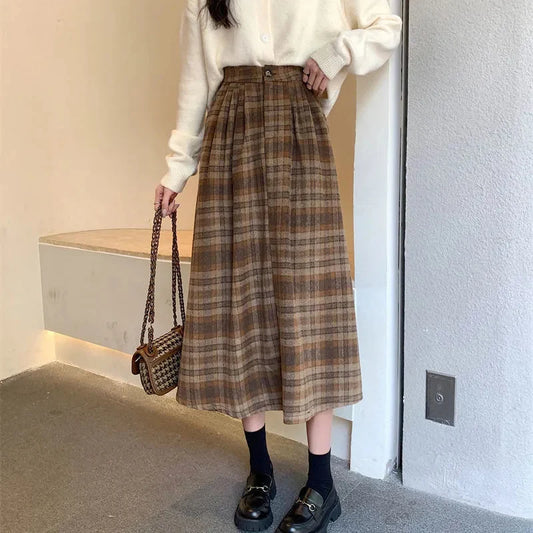 DressBetty - Vintage Woolen Plaid High Waist A-Line Midi Skirt