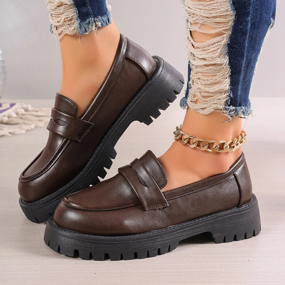 Square Toe Low Heeled Small Leather British Style Early Autumn Flats Loafers Main image