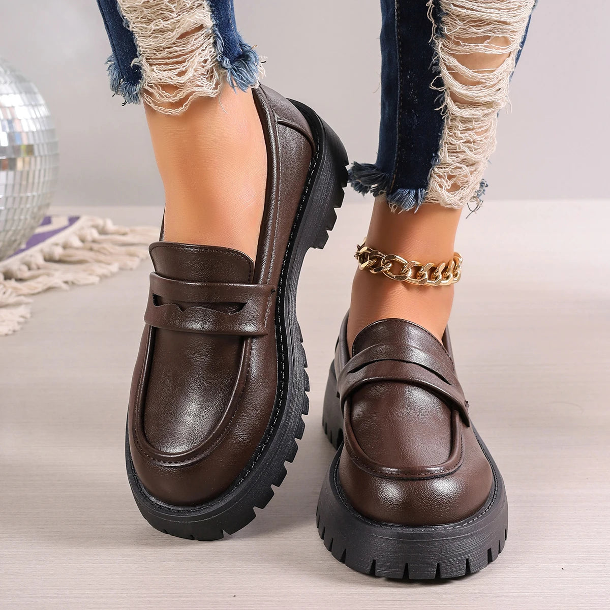 Square Toe Low Heeled Small Leather British Style Early Autumn Flats Loafers Secondary image