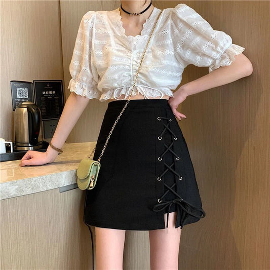 DressBetty - High Waist Lace Up Black A Line Mini Skirt