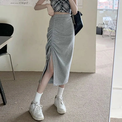 DressBetty - Solid Color Drawstring Side Split Streetwear Long Skirt