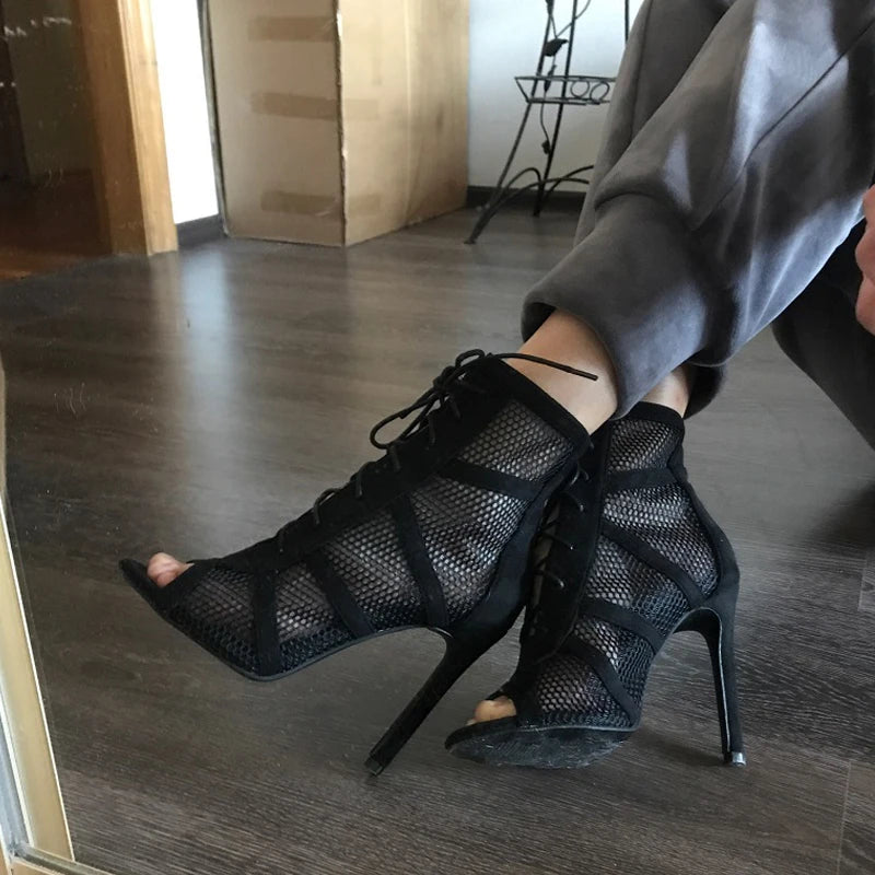 Roma Style Mesh Hollow Out Summer Ankle Boots Peep Toe Lace Up High Heel Secondary image