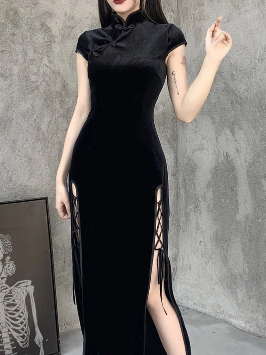 Romantic Gothic Velvet Aesthetic Vintage Black Evening Cheongsam Midi Dresses
