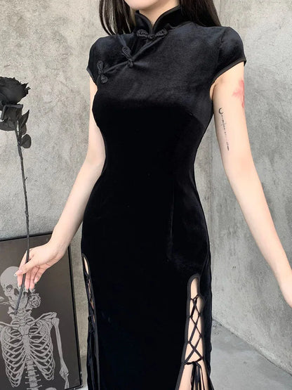 Romantic Gothic Aesthetic Vintage Black Sexy Evening Cheongsam Midi Dresses