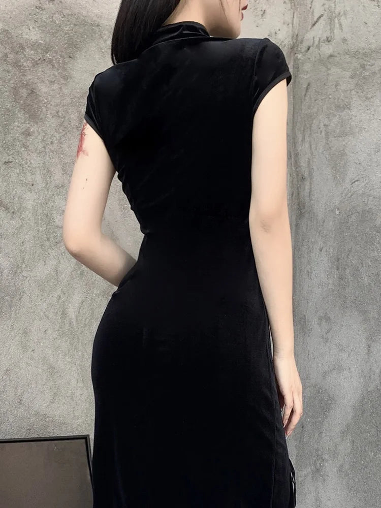 Romantic Gothic Aesthetic Vintage Black Sexy Evening Cheongsam Midi Dresses