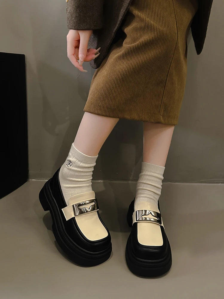 Fur Round Toe British Style Black Platform Casual Leather Sneaker Loafers Main image