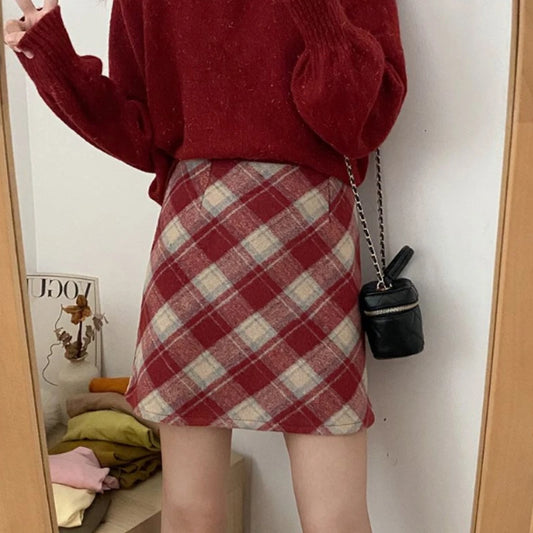 Mini Plaid A-line Red Style All-match Woolen Daily Skirt