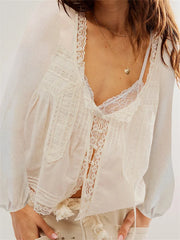 Women Long Sleeve Loose Casual Lace Patchwork Blouse