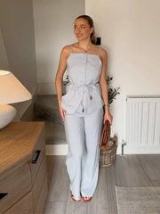 Sleeveless Lace Up Wide Leg Two Piece Pants Set