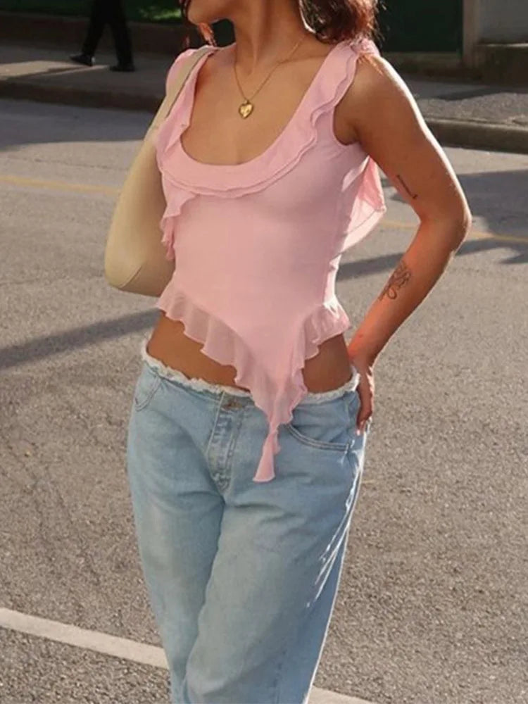 O-neck Ruffled Backless Irregular Cami Top Secondary image