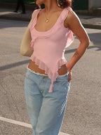 O-neck Ruffled Backless Irregular Cami Top