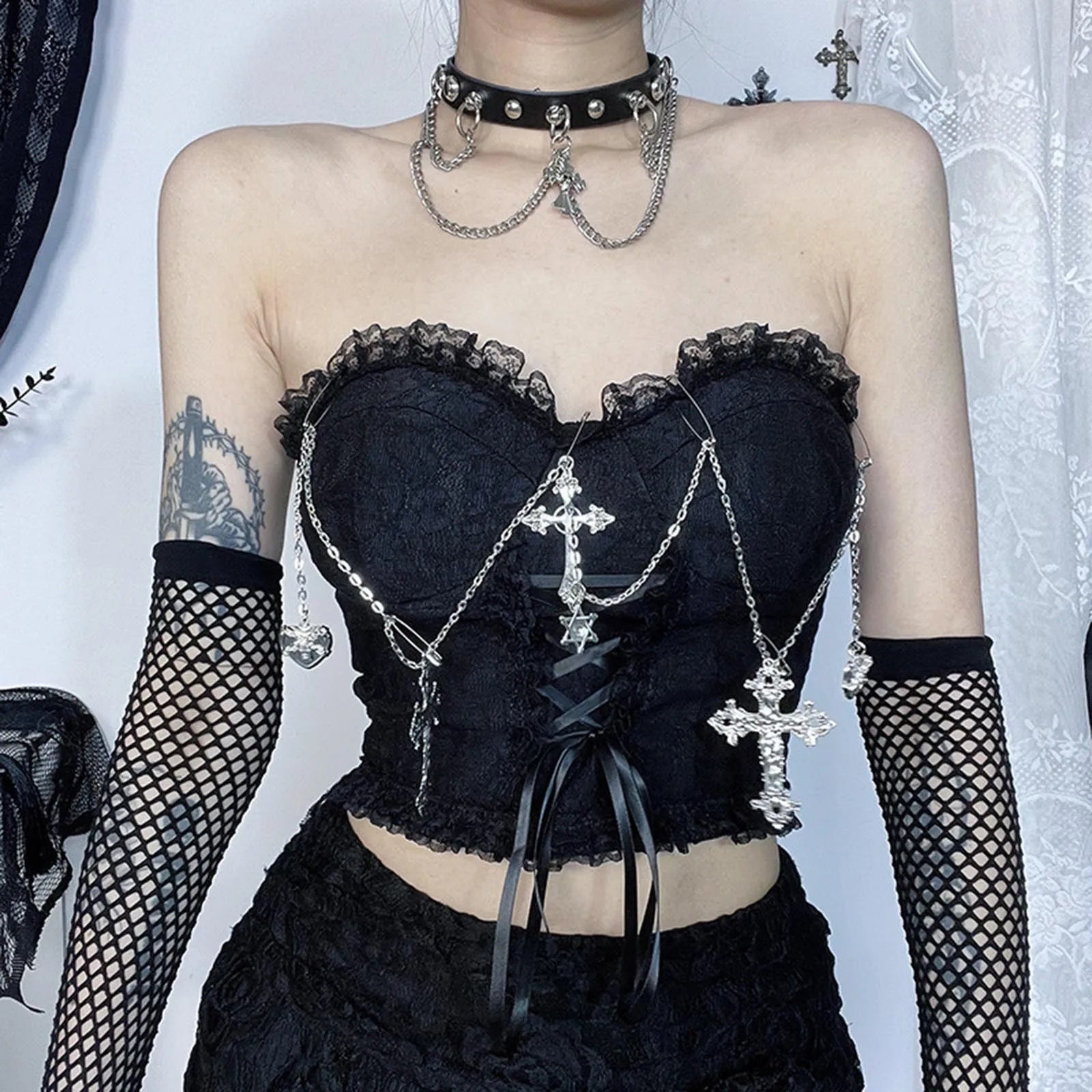 Gothic Cross Chain Lace Strapless Secondary image