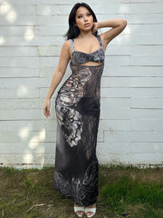 Lace Cut Out Bandage Maxi Floral Dress