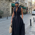 Sleeveless Spliced Zipper V-Neck Pleated Work Dress